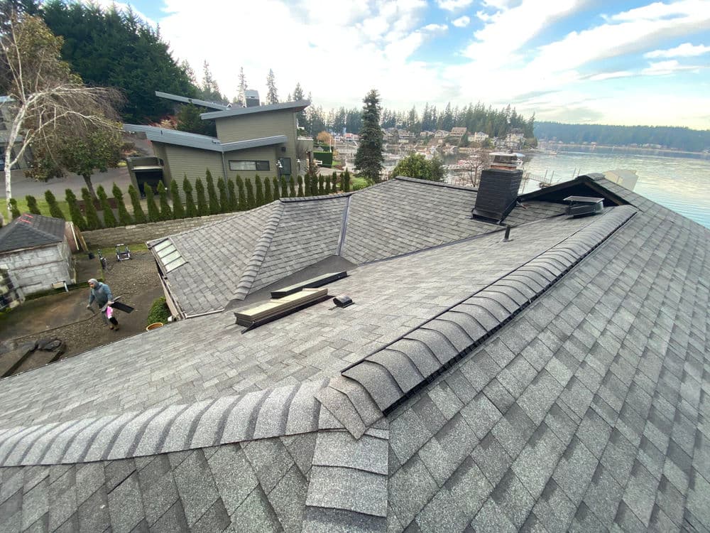 Residential roof with asphalt shingles overlooking a waterfront property and trees.